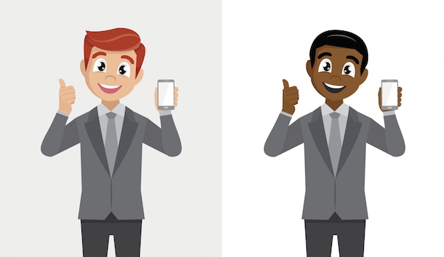 El último teléfono inteligente. Hombre con celular, hombre de negocios positivo mostrando nueva marca.