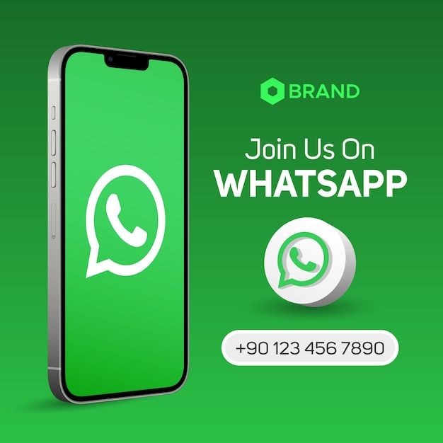 Únase a nosotros en el banner de maqueta de pantalla de teléfono inteligente con logotipo de ilustración 3d de Whatsapp para publicación en redes sociales