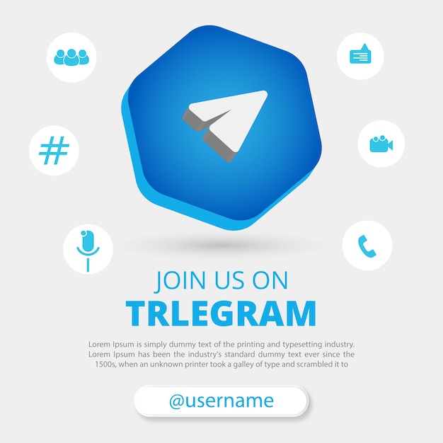 Vector Únase a nosotros en el banner de medios sociales de telegram con un cuadrado de telegram de círculo redondo 3d para instagram