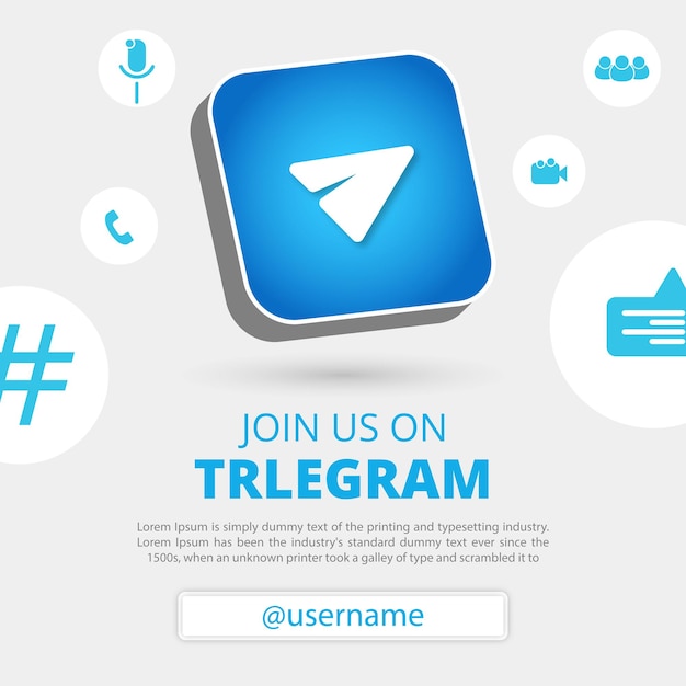 Únase a nosotros en el banner de medios sociales de Telegram con un cuadrado de Telegram de círculo redondo 3d para Instagram