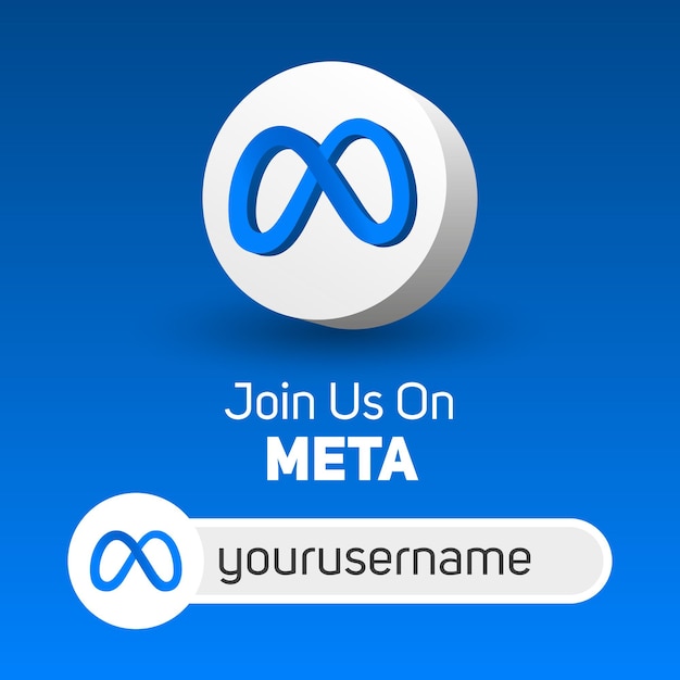 Únase a nosotros en el banner metaverso o meta cuadrado con logotipo 3d y cuadro de nombre de usuario Nuevo logotipo de Facebook