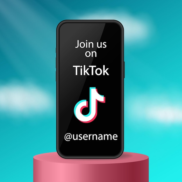 Únase a nosotros en el banner de TikTok Síganos en las redes sociales Smartphone de pie en el podio Nombre de usuario