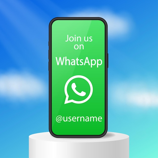 Vector Únase a nosotros en el banner de whatsapp síganos smartphone de pie en el podio promoción en las redes sociales nombre de usuario
