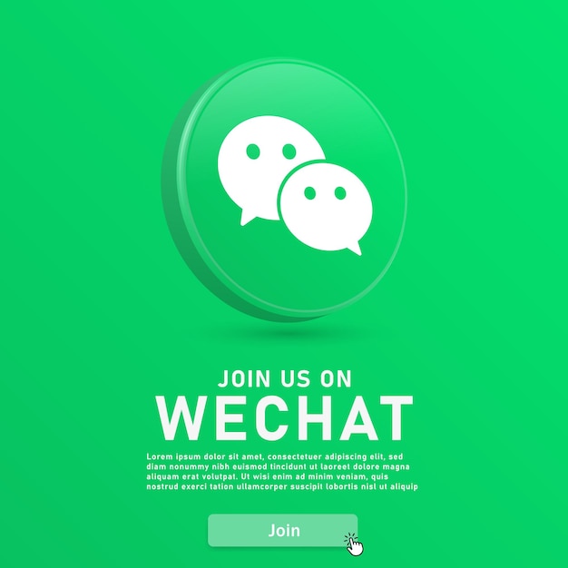 únase a nosotros en el logotipo 3d de wechat con el botón web y el icono del cursor del mouse para los logotipos de los iconos de las redes sociales