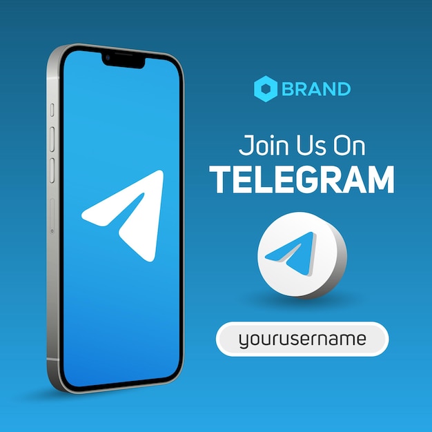 Vector Únase a nosotros en telegram 3d illustration logo nombre de usuario banner de maqueta de teléfono inteligente para publicación en redes sociales