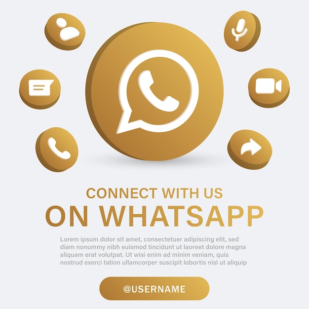 únase a nosotros en whatsapp con el logotipo 3d en un marco dorado con iconos de notificación o únase a la pancarta de síganos