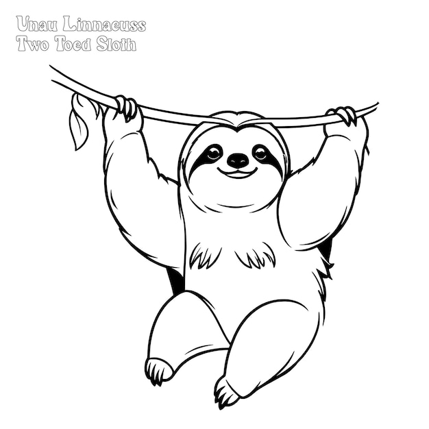 Vector unau linnaeuss two toed sloth página de colorear dibujada a mano y diseño vectorial de contorno