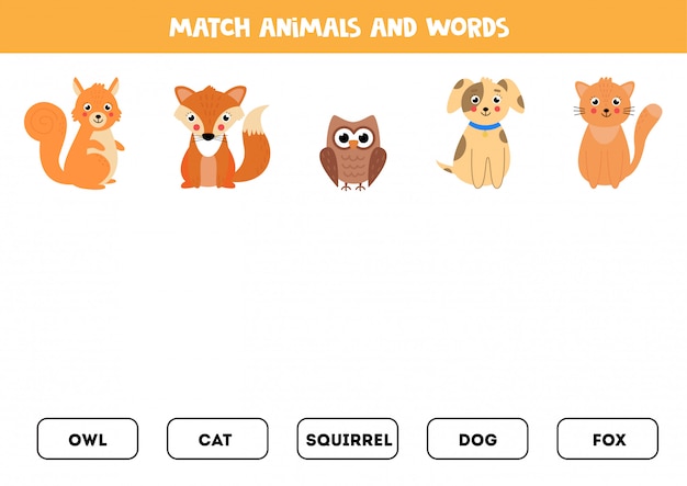 Une animales y palabras lindos. juego de lectura para preescolares.