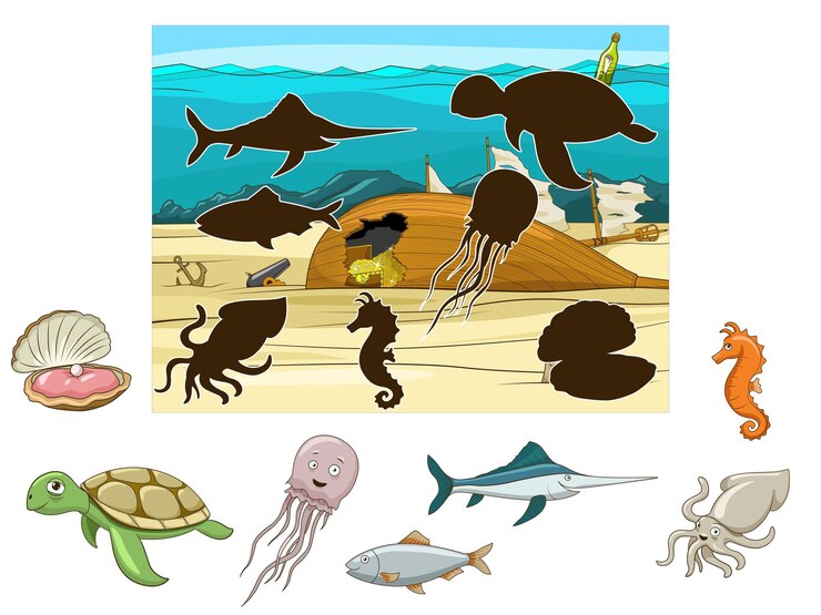 Vector une los animales y los peces con sus sombras.