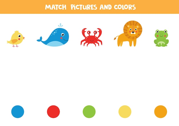 Une imágenes de animales con círculos de colores. juego de lógica educativo para niños.