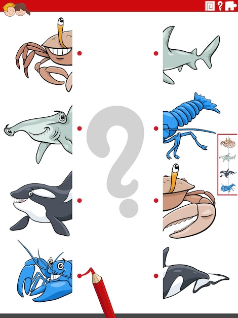 Une las mitades de las imágenes con el juego educativo de animales marinos.