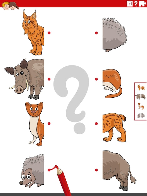 Une las mitades del juego educativo de animales de dibujos animados.