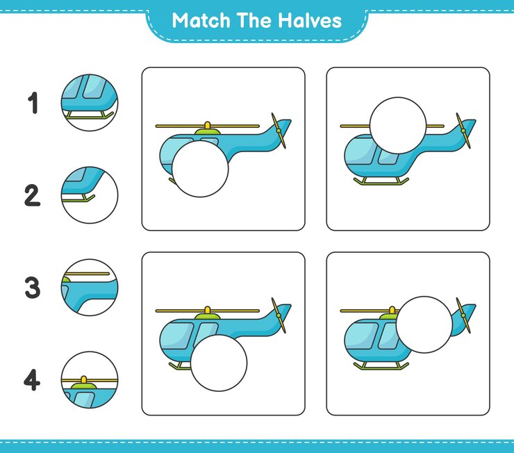 Vector une las mitades une las mitades de la hoja de trabajo imprimible del juego educativo de helicópteros para niños