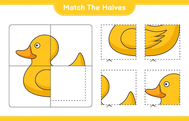 Une las mitades Une las mitades de la hoja de trabajo imprimible del juego educativo para niños del pato de goma
