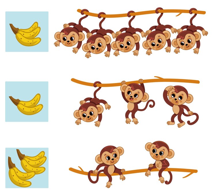 Vector une los monos con los plátanos según su cantidad. conéctelos con una línea.
