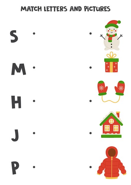 Une objetos y letras de Navidad Juego educativo de lógica para niños Hoja de trabajo de vocabulario