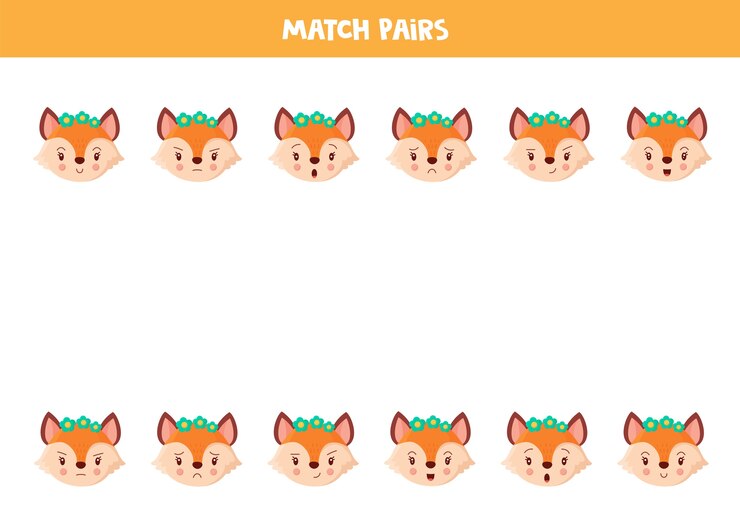 Vector une pares de caras de zorros lindos con emociones juego de lógica educativa para niños