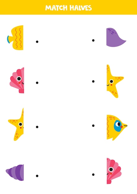 Une partes de animales marinos lindos de dibujos animados Juego lógico para niños
