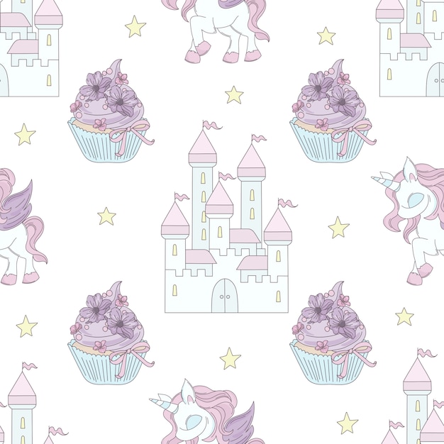 Unicorn castle fairy tale seamless pattern