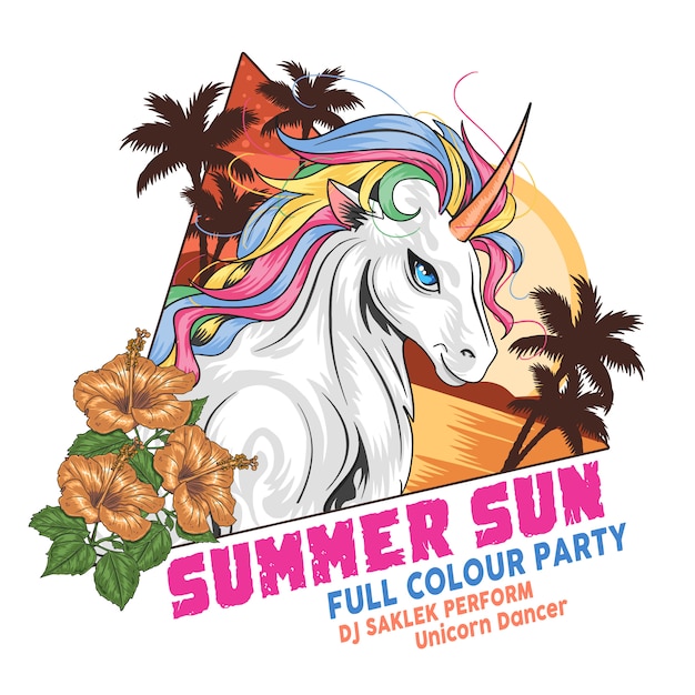 UNICORN SUMMER BEACH, ÁRBOL DE COCO Y FLOR, VECTOR COMPLETO EN COLOR