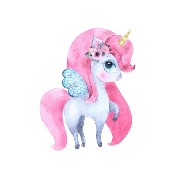 Unicornio acuarela acuarela niña decoración de la habitación rosa fondo de dibujos animados dibujado a mano