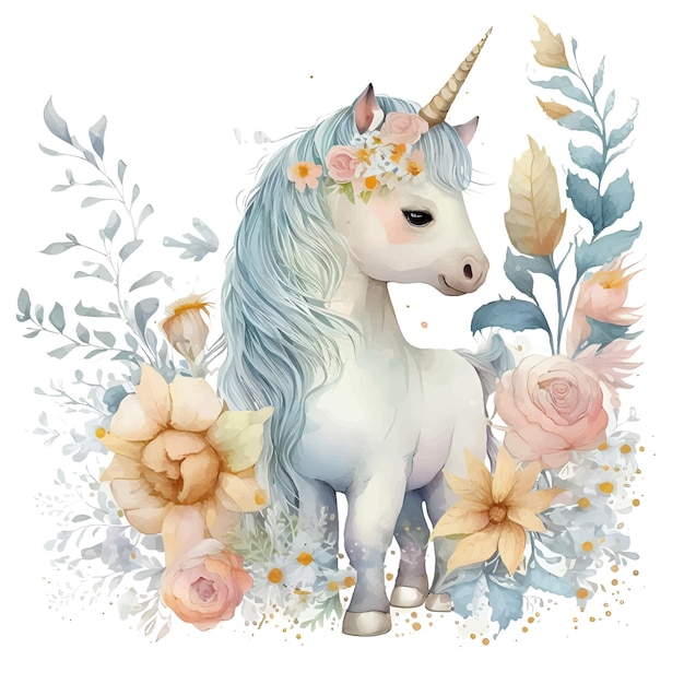 Unicornio y acuarela floral ilustración vectorial aislada