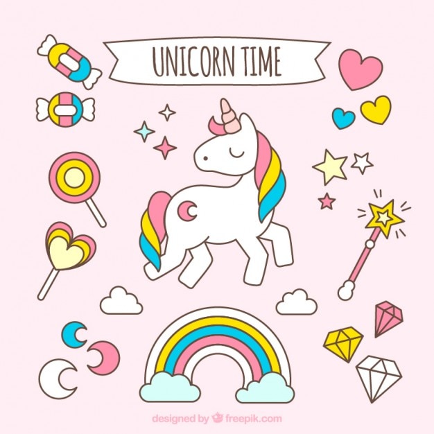 Unicornio adorable con accesorios dibujados a mano