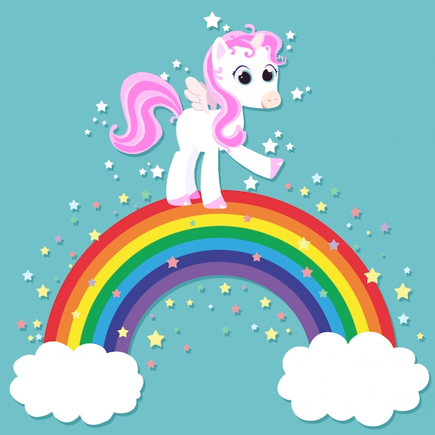 Vector unicornio con alas en un arcoiris