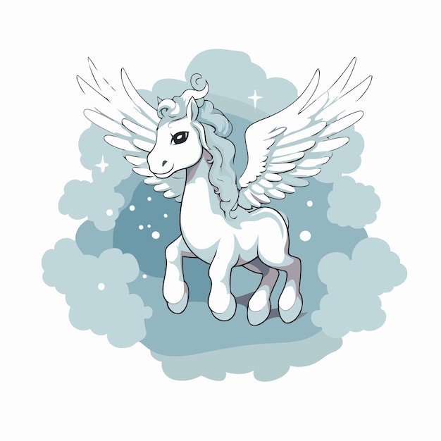 Unicornio con alas y nubes Ilustración vectorial para su diseño