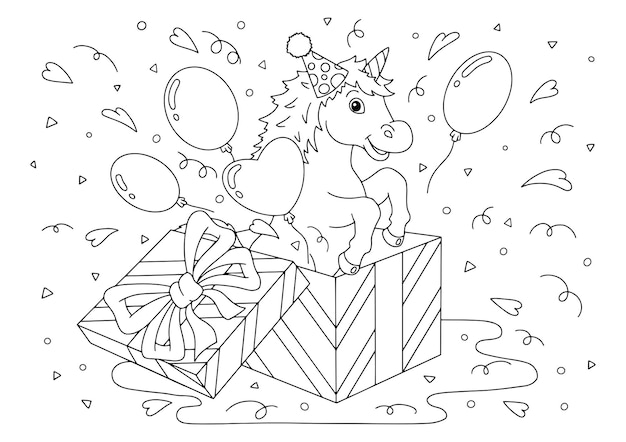 Un unicornio alegre salta de una caja de regalo Página de libro para colorear para niños Personaje de estilo de dibujos animados