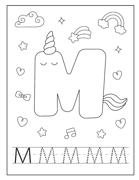 Vector unicornio alfabeto página para colorear para pequeños estudiantes