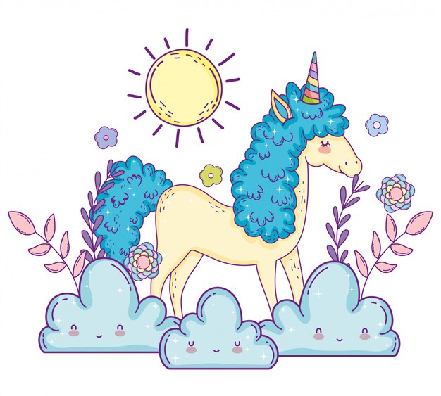 Unicornio animal con flores plantas y nubes.