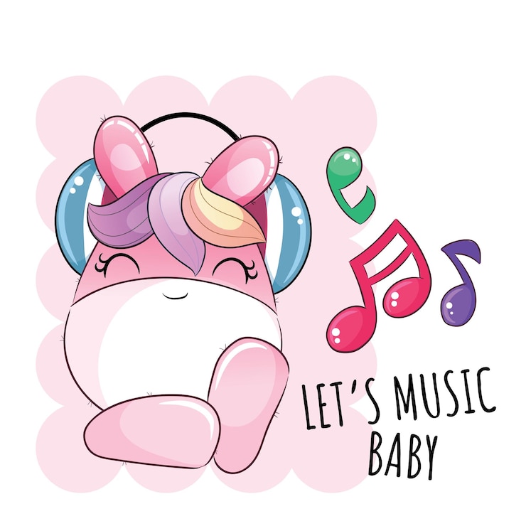 Unicornio animal lindo y plano feliz con ilustración musical para niños. Lindo personaje de unicornio