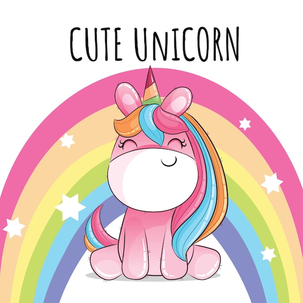 Unicornio animal lindo y plano en la ilustración del arco iris para niños. lindo personaje de unicornio