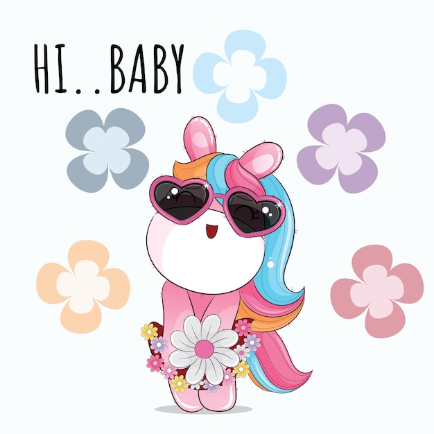 Unicornio animal lindo plano con ilustración de flores para niños. Lindo personaje de unicornio