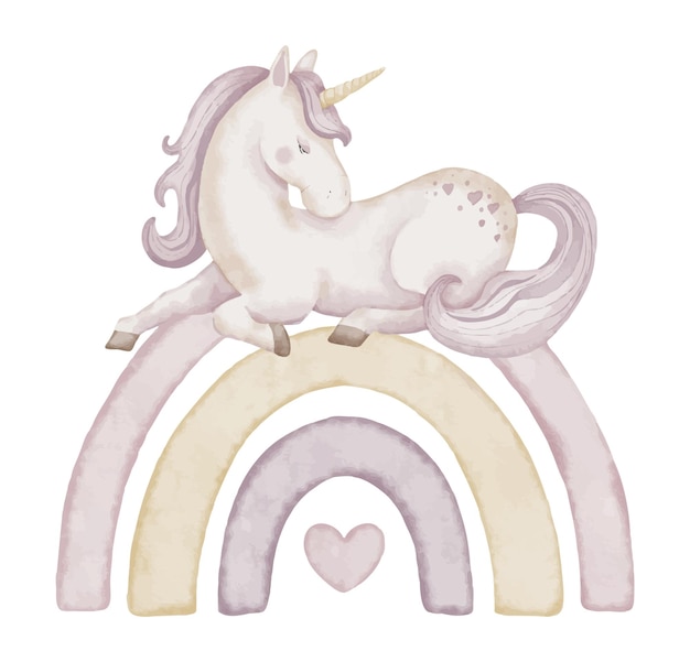 Unicornio en arco iris dibujo de acuarela de caballo de cuento de hadas con cuerno en rosa pastel