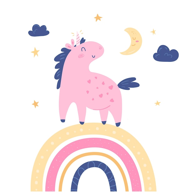 Unicornio en arco iris entre estrellas, nubes y luna. Linda ilustración de dibujos animados para cosas de bebé.