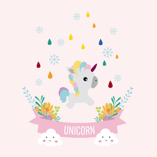 Unicornio en arco iris y nieve