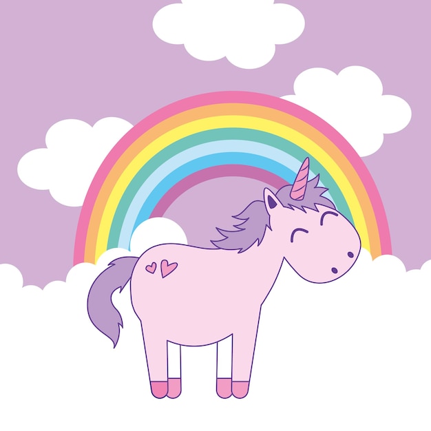 Unicornio y arco iris entre nubes de dibujos animados. ilustración vectorial