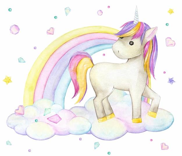 Unicornio arco iris nubes estrellas cristales Acuarela clipart en estilo de dibujos animados sobre un fondo aislado