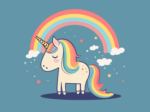 Unicornio con arco iris sobre un fondo azul.