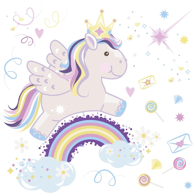 Unicornio en un arco iris Vector ilustración aislada sobre fondo blanco