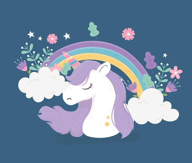 Unicornio arcoiris nubes flores fantasía magia lindo dibujos animados ilustración