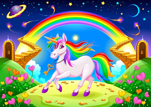 Unicornio arcoiris en un paisaje de fantasía.