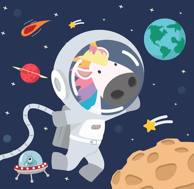 Unicornio astronauta en dibujos animados del espacio