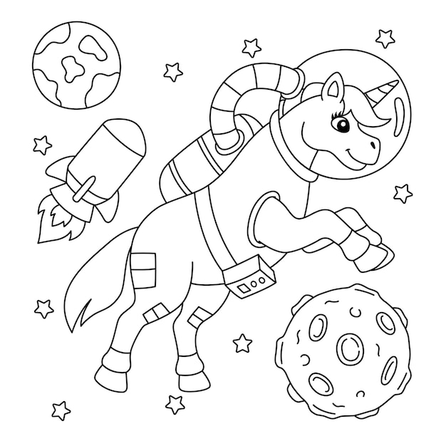 Unicornio Astronauta En El Espacio Para Colorear Página Aislada