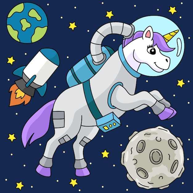 Unicornio astronauta en el espacio de dibujos animados de colores