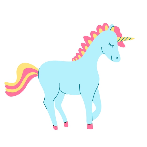 Unicornio azul dibujado a mano ilustración plana