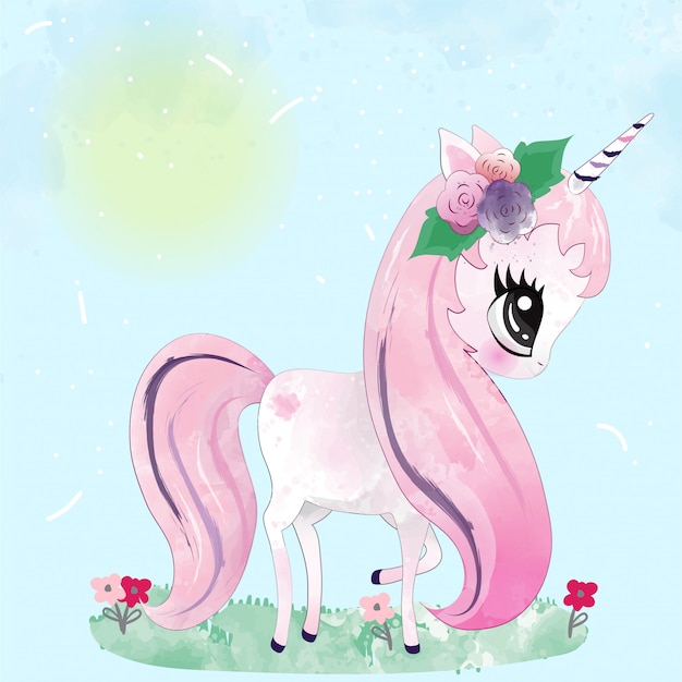 Vector unicornio bebé lindo personaje pintado con acuarela.