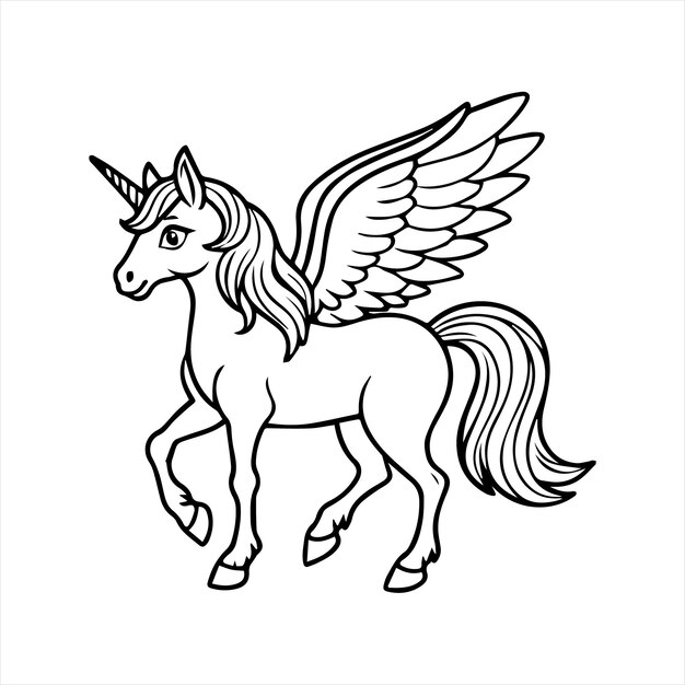 unicornio blanco y negro con alas